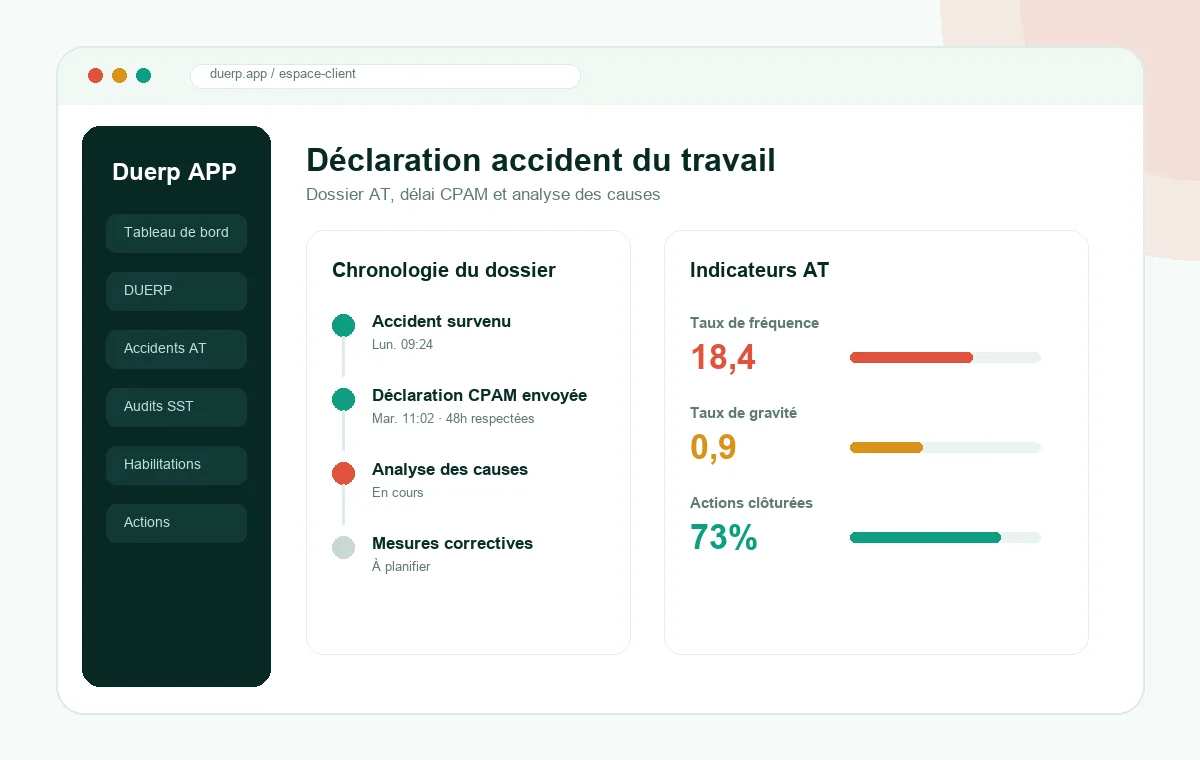 Interface du logiciel accident du travail — déclaration et arbre des causes