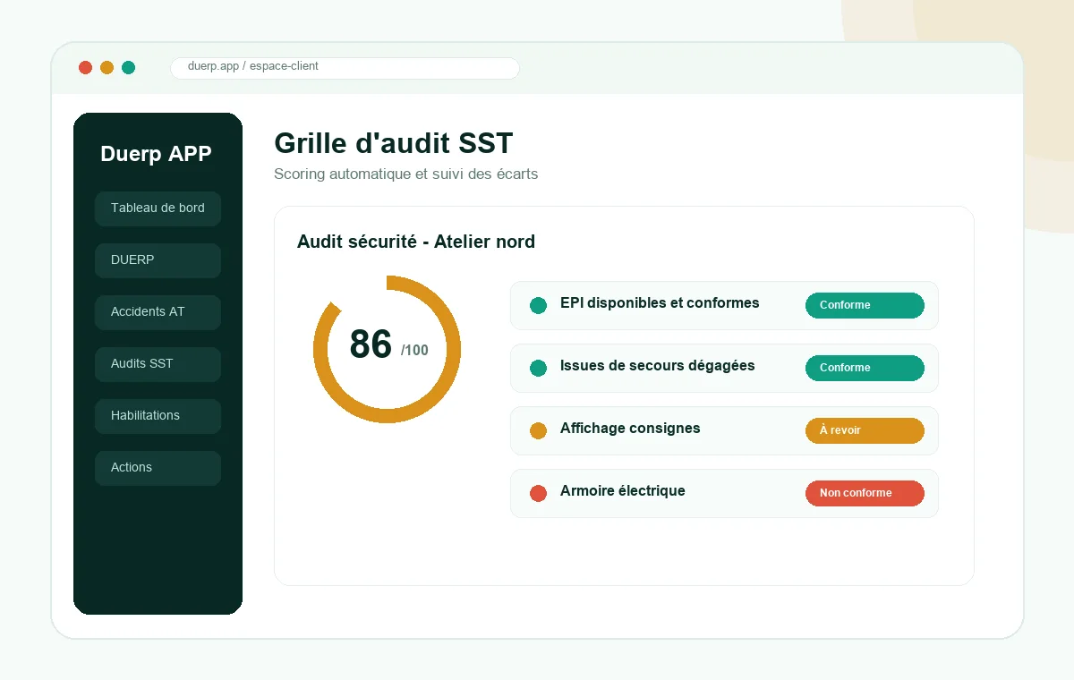 Interface du logiciel audit SST — grille d'audit et scoring