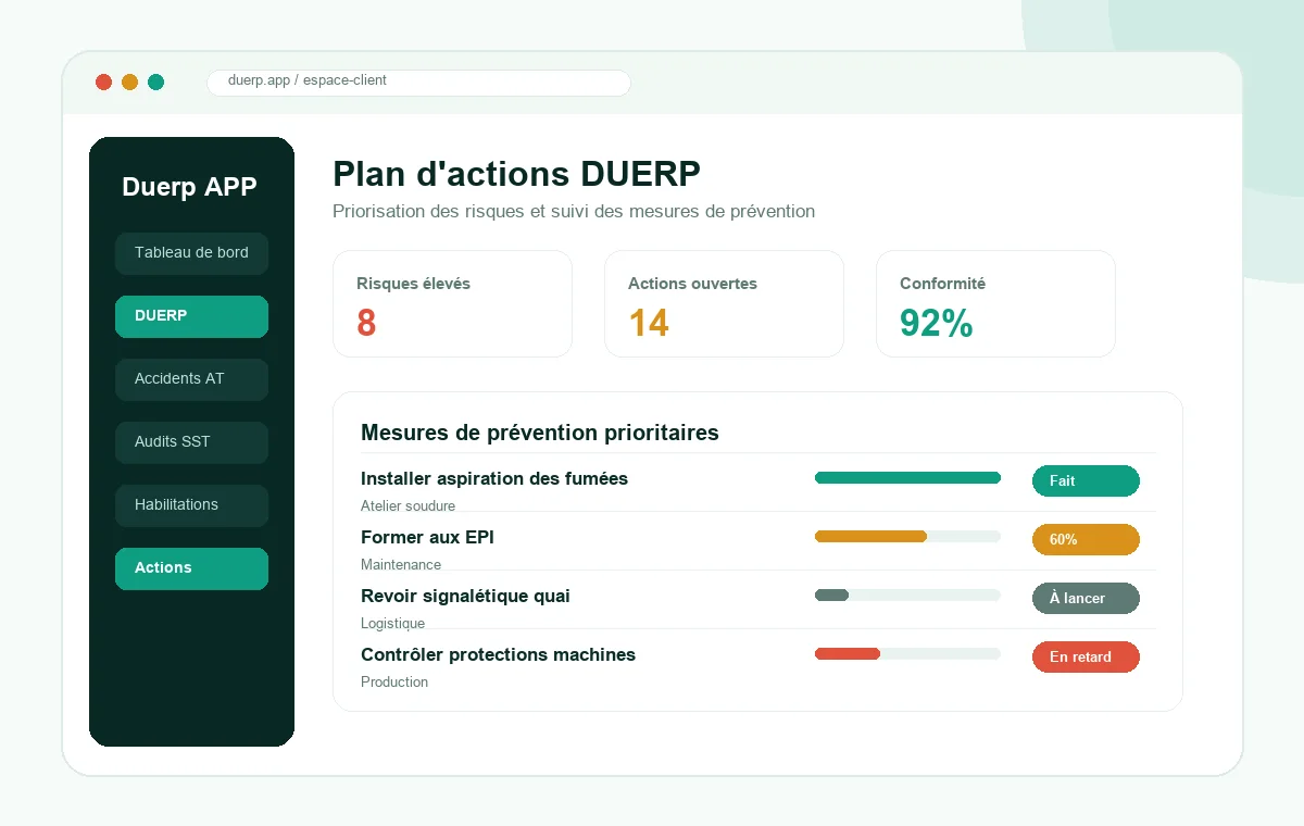 Guide DUERP complet — interface du logiciel Duerp APP avec plan d'actions et évaluation des risques