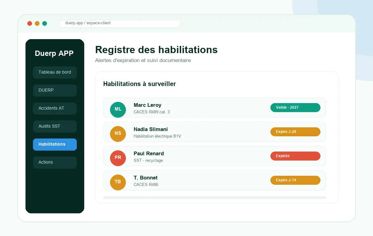 Interface du registre des habilitations — alertes d'expiration CACES et habilitations électriques